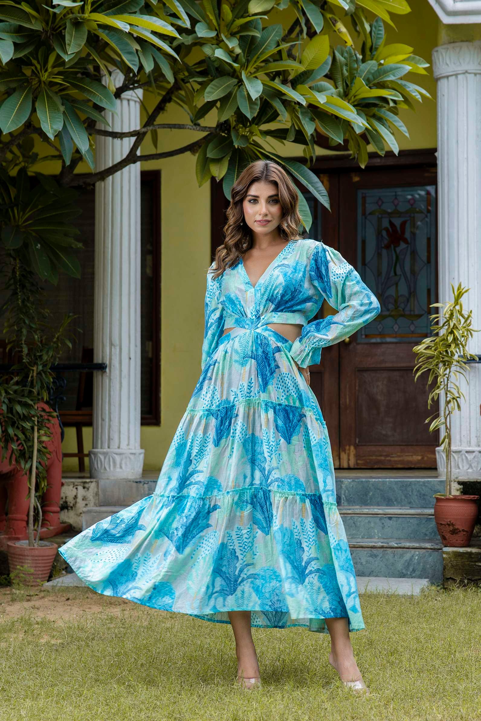 Women's Silk Printed V-Neck Long Bell Sleeves Tiered Maxi Dress Gown - Image 3