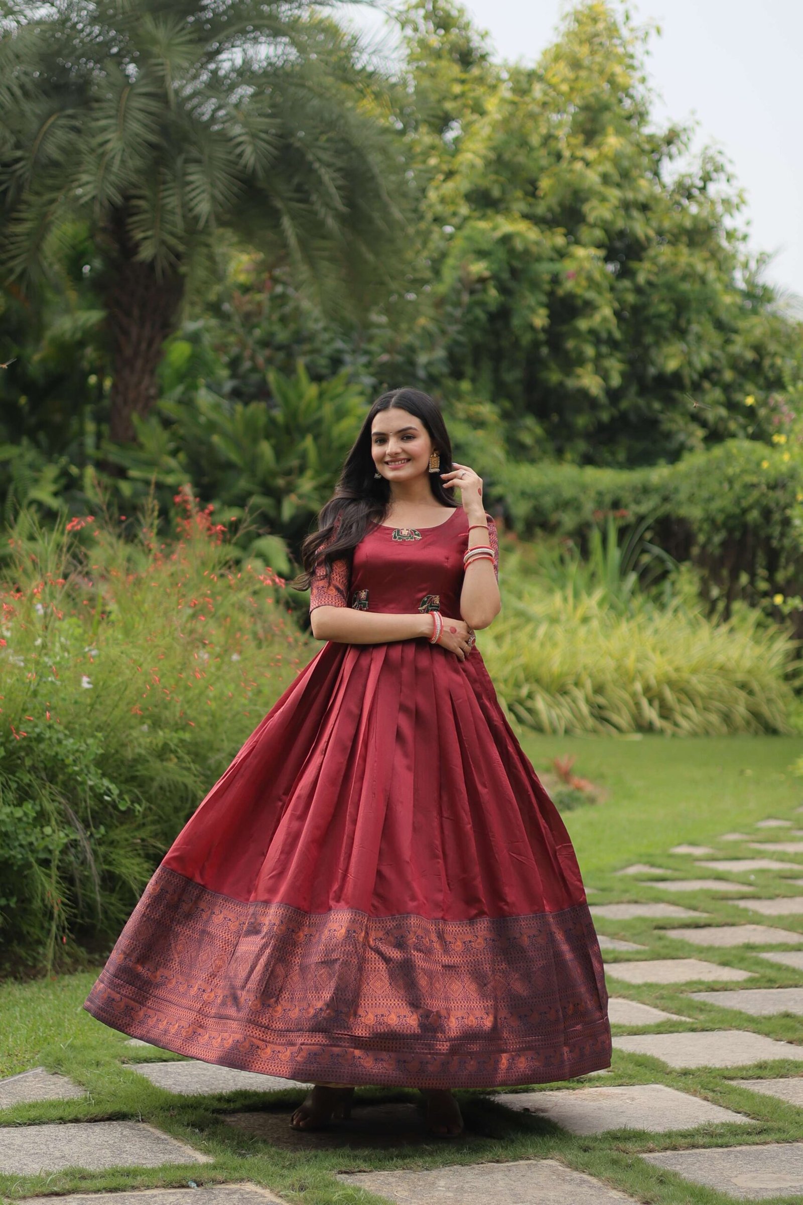 Maroon Banarasi Jacquard Silk Gown ? Elegant Free-Size Designer Party & Wedding Wear - Image 4